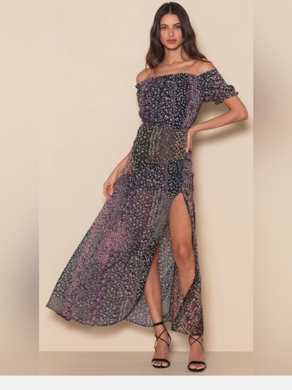 Lulu's Off-Shoulder Floral Maxi Dress in Black and Pink